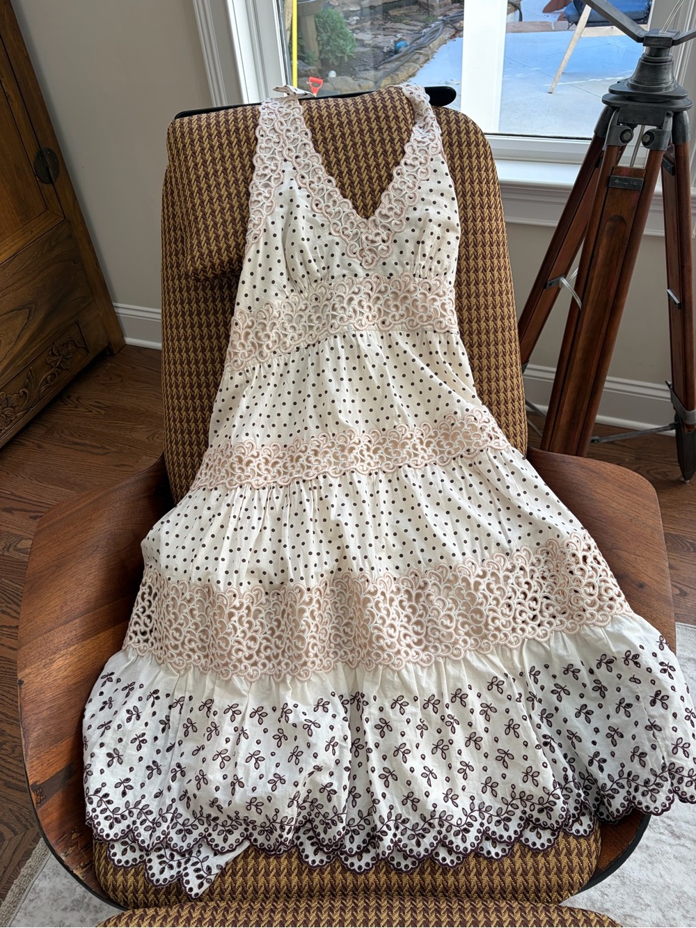 BCBGMaxAzria Ivory Dress with Blush Lace and Black Dot Embroidery